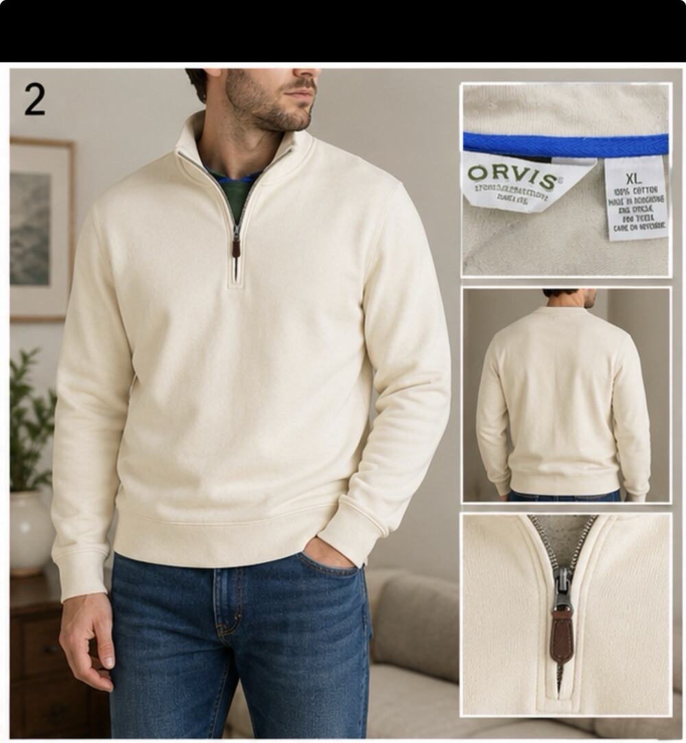 Orvis Quarter Zip Sweatshirt Men’s XL Cream Pullover Cotton